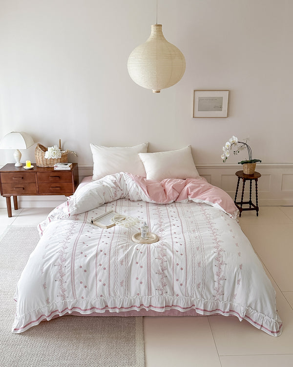 Embroidered French Lace Ruffle Bedding Set / Pink