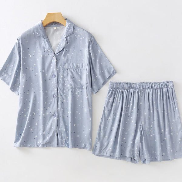 Starry Night Buttoned Lapel Collared Pajama Set / Blue