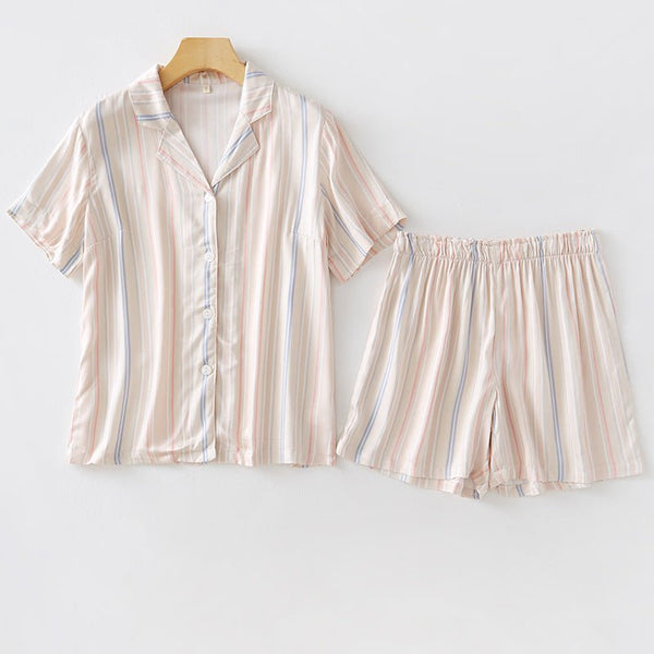 Buttoned Lapel Collared Striped Pajama Set / Pink