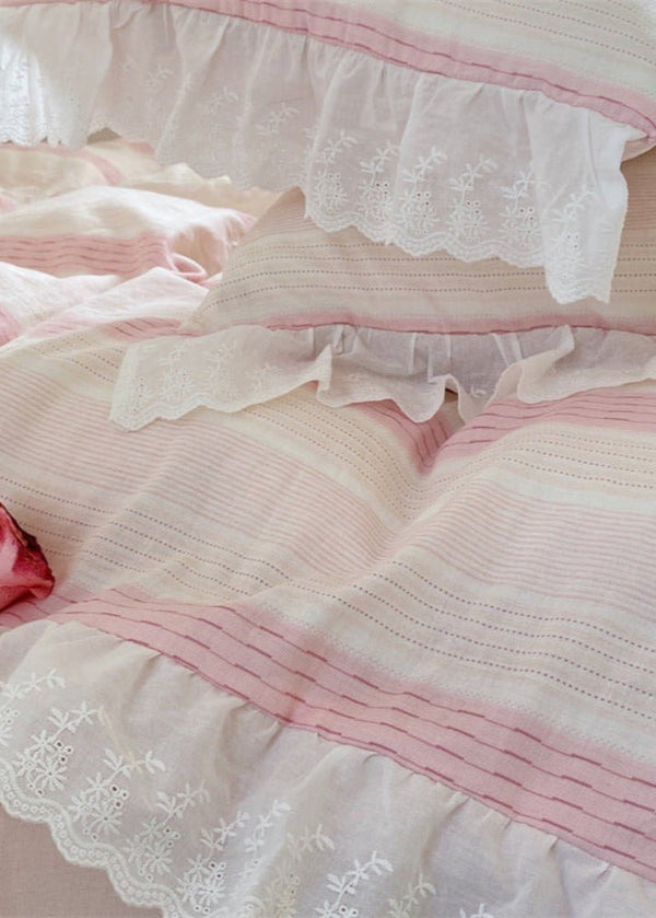 Cecilia Lace Ruffle Double Gauze Striped Bedding Set / Blue