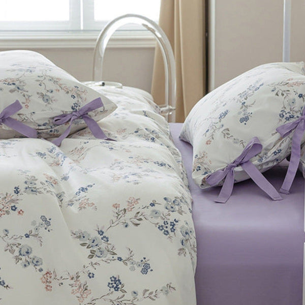 Cottage Ribbon Bow Tie Floral Bedding Set / Floral Blue