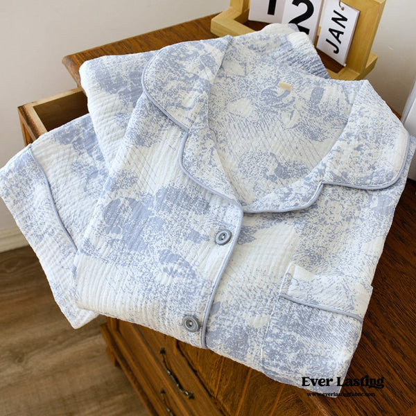 French Cottage Long Sleeves and Pants Cotton Pajama Set / Blue (Final Sale)