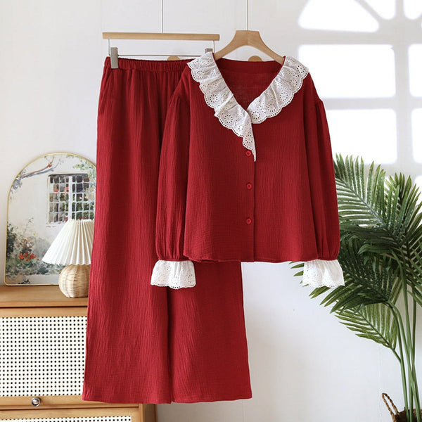 French Ruffled Long Sleeves and Pants Pajama Set / Red