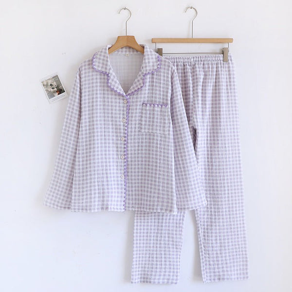 Gingham Cotton Pajama Set – Lightweight Long Sleeve Lounge Set with Ruffle Trim / Purple