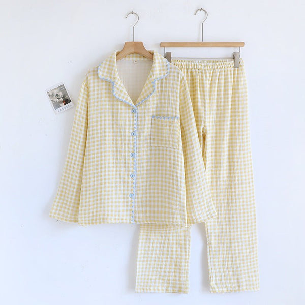 Gingham Cotton Pajama Set – Lightweight Long Sleeve Lounge Set with Ruffle Trim / Yellow