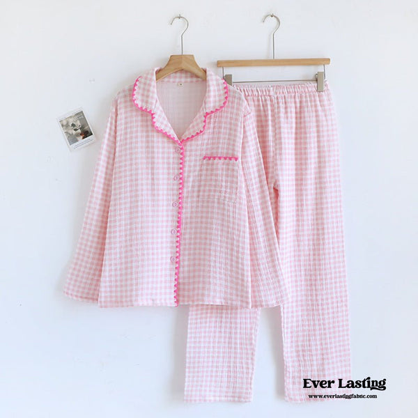Gingham Cotton Pajama Set – Lightweight Long Sleeve Lounge Set with Ruffle Trim / Pink