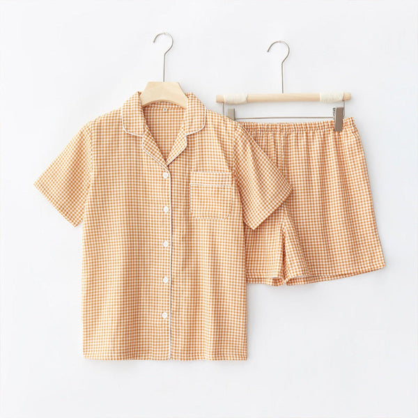Gingham Short-Sleeve & Shorts Pajama Set / Orange (Final Sale)