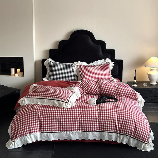 Hazel Vintage Gingham Ruffle Bedding Set / Black