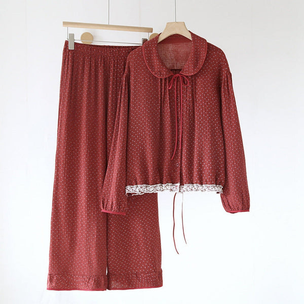 Ivy Red Floral Ruffled Pajama Set / Cardigan