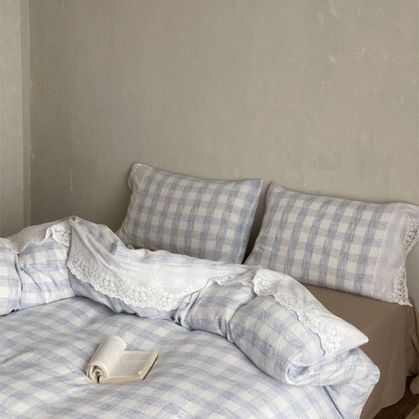 June Lace Double Gauze Gingham Bedding Set / Green