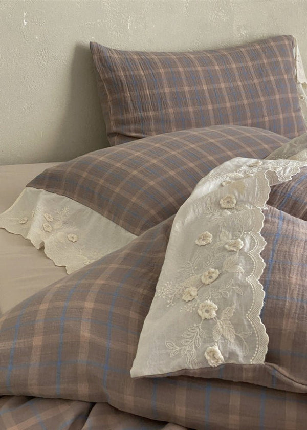 June Lace Double Gauze Gingham Bedding Set / Blue