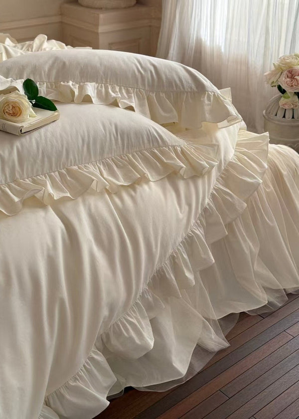Lacey Lace Ruffle Washed Cotton Bedding Set / White