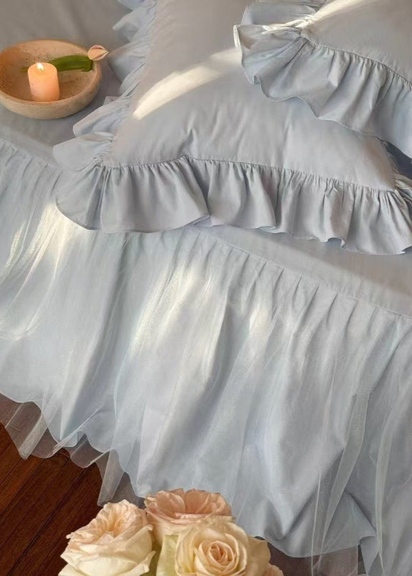 Lacey Lace Ruffle Washed Cotton Bedding Set / Blue