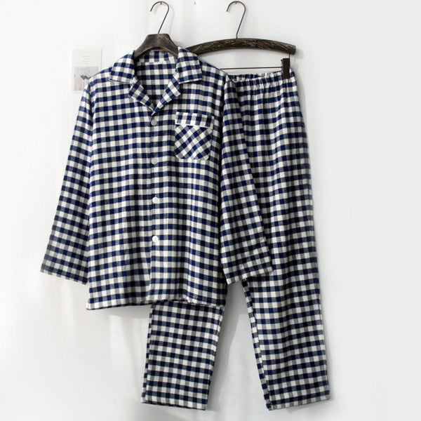Lapel Gingham Long-Sleeve and Pants Pajama Set / Blue