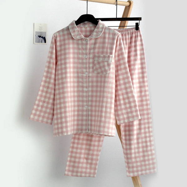 Lapel Gingham Long-Sleeve and Pants Pajama Set / Pink