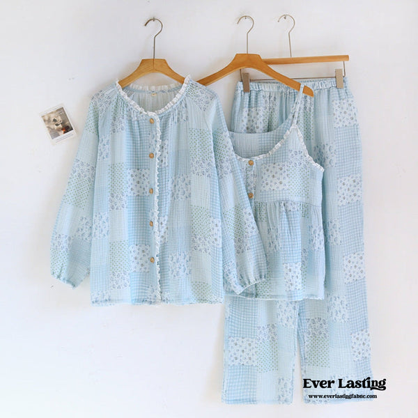 Patchwork Floral Cardigan Pajama Set / Blue