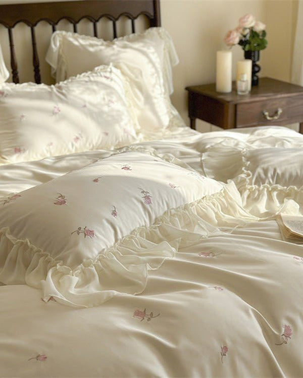 Rosalie Embroidered Cotton Ruffle Bedding Set / Pink Blush