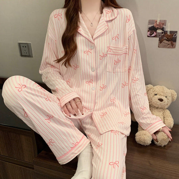Striped Bow Long Sleeves and Pants Pajama Set