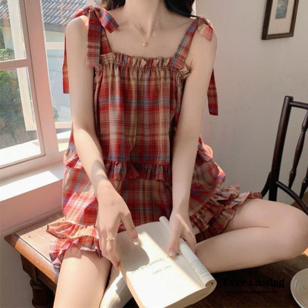Sweet Lace Red Plaid Ribbon Pajama Set / Ruffle Red (Final Sale)