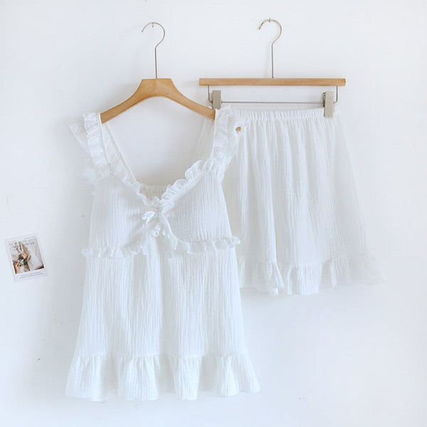 Sweet Ruffle Shorts Pajama Set / White (Final Sale)