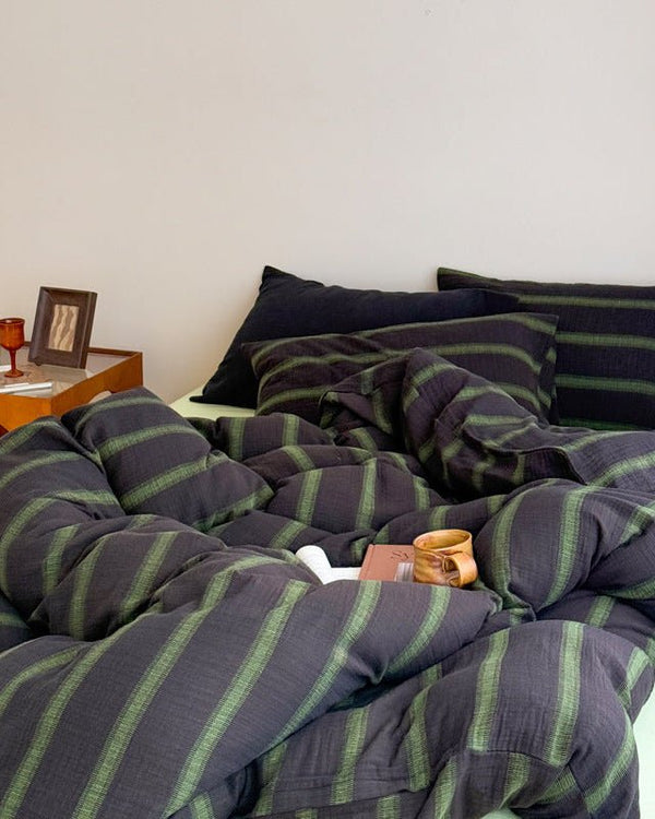 Vintage Striped Washed Cotton Bedding Set / Khaki & Purple